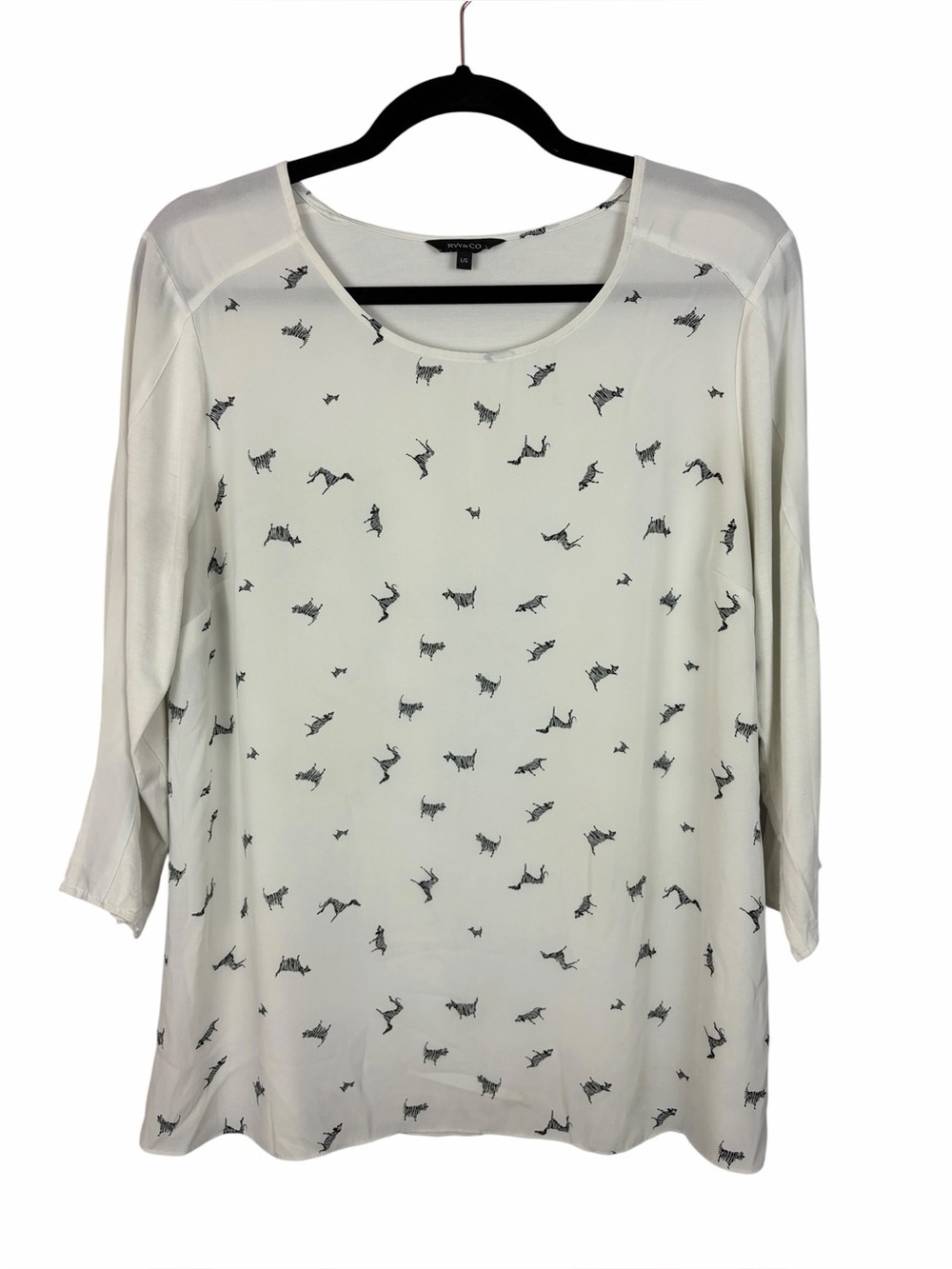RW&CO Zebra Print Mixed Media Blouse Large Ivory Black 3/4 Sleeve